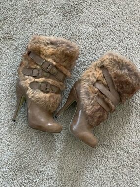 Aldo Brown Faux Fur Strap High-Heel Booties